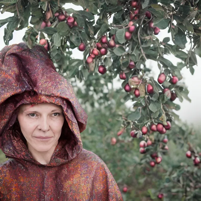 Image similar to a closeup portrait of a woman wearing a hooded cloak made of holographic mylar, picking pomegranates from a tree in an orchard, foggy, moody, photograph, by vincent desiderio, canon eos c 3 0 0, ƒ 1. 8, 3 5 mm, 8 k, medium - format print