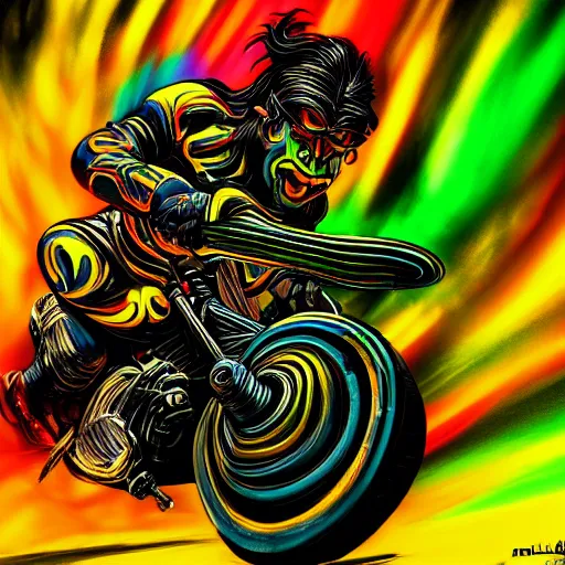 Image similar to psychedelic blacklight neon airbrush artwork, motorcycle, hyper stylized cinematic action shot of an orc racing on a motorcycle, menacing orc, drifting, skidding, wheelie, clear focused details, soft airbrushed artwork, black background, post apocalypse, cgsociety, artstation, peter lloyd art, peter palombi art