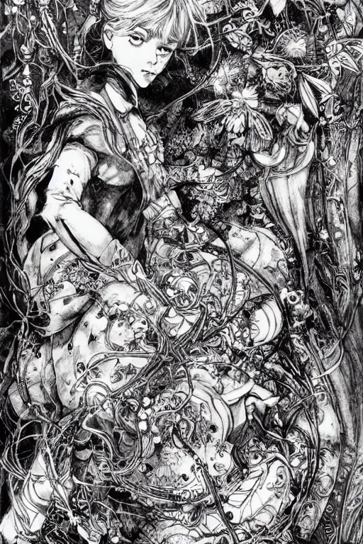 Prompt: Magical Alice in wonderland tarot card , pen and ink, intricate line drawings, by Yoshitaka Amano, Ruan Jia, Kentaro Miura, Artgerm, watercolor