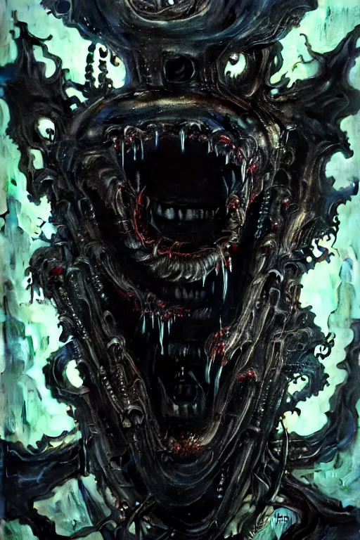 Image similar to dreamland of chinese, ghost, sharp, slender and densely arranged teeth, dystopian, cyberpunk, mould disintegrating into black dripping ink and slime, nanotech demonic monster horror, mecha, ominous, flowing mucus, intricate, studio, art by anthony macbain + greg rutkowski + alphonse mucha, concept art, 4 k, sharp focus