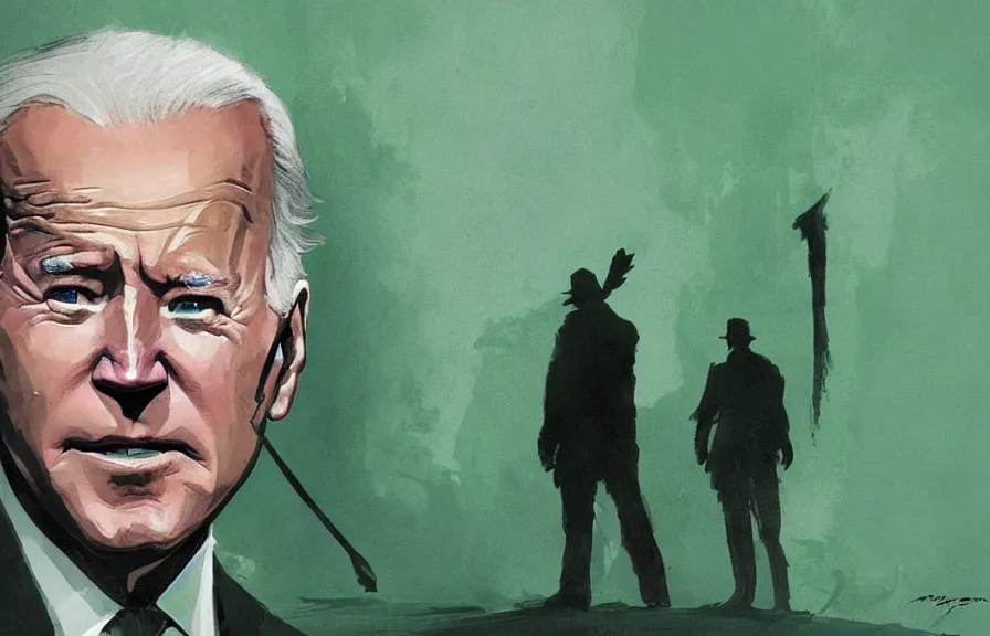 Image similar to Joe Biden casts a long shadow, by Greg Rutkowski and Dave McKean green color palette
