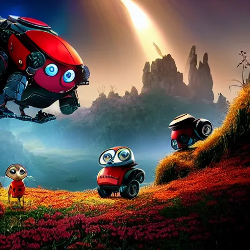 Prompt: promotional movie still, ladybugs, ladybug quadruped with big rgb eyes, ladybug hobbits, ladybug spaceships, space western, dramatic lighting, the fellowship of the ring ( film ), ( ( ( wall - e ( film ) ) ) )