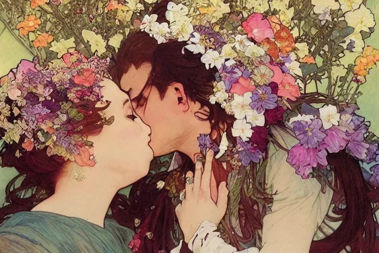 Image similar to the groom kisses the bride at a wedding full of flowers, bright and happy, dreamlike art, highly detail, 4 k realistic, wedding photoy krenz cushart. artem demura. alphonse mucha. yoji shinkawa artgerm. jon lothian. danilo torres. adi meyers. thomas reimann. gaston bussiere.