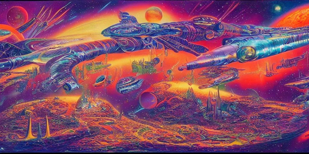 Image similar to Intergalactic dreams by Alex Grey, Paul Lehr, Ron Walotsky, Bruce Pennington and James Gurney