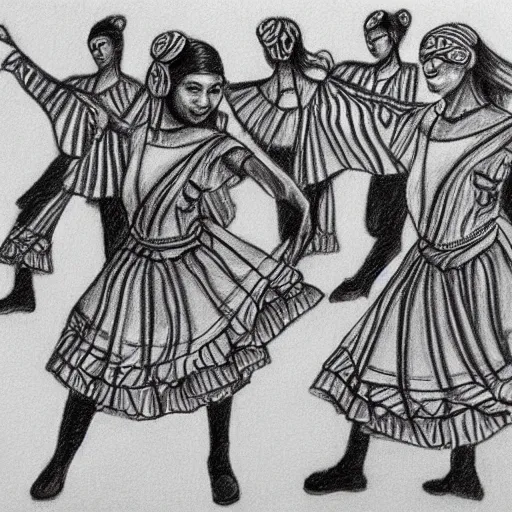 Prompt: round dance, folkloric dance, beautiful pencil drawing in a contemporary style, sharp and precise, detailed, no faces