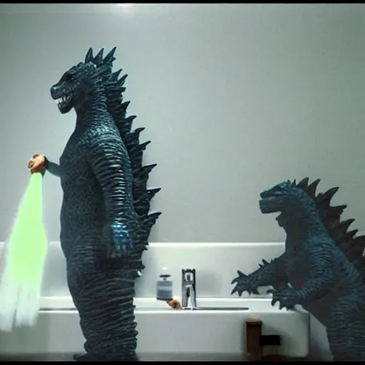 Image similar to godzilla in the bathroom brushing his teeth, electric toothbrush