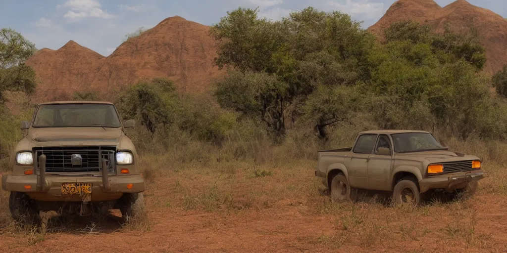 Image similar to A 4x4 pickup truck in the Savana, Extreme wide shot, matte painting