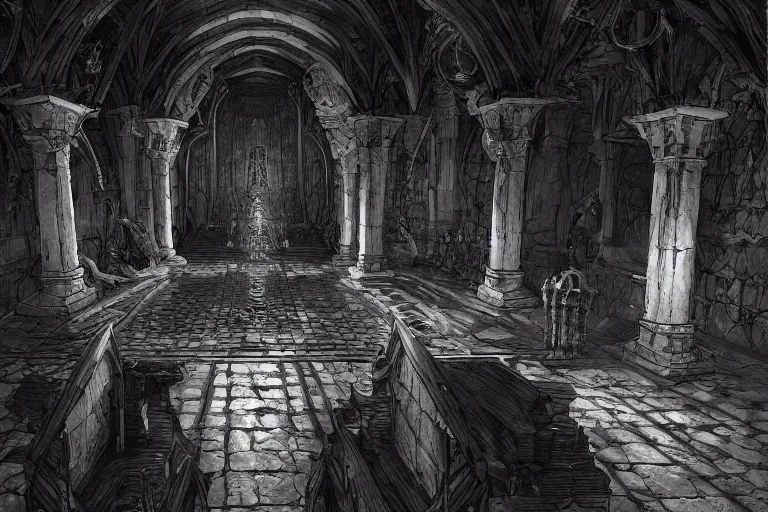 Image similar to black and white one point perspective bone dungeon rpg fantasy dungeon throne hall view by artgerm and Craig Mullins, James Jean, Andrey Ryabovichev, Mark Simonetti and Peter Morbacher 16k