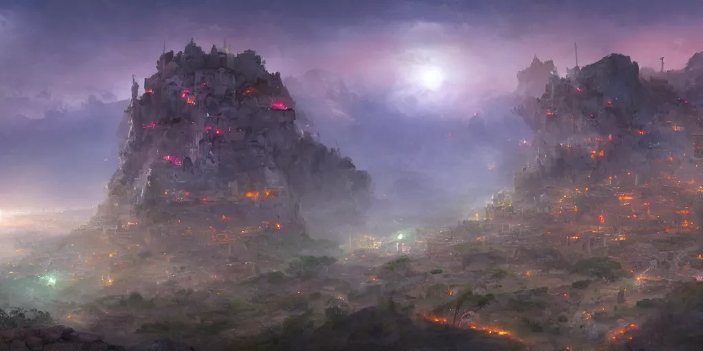 Image similar to an african city in a valley bordered by a fortress on the mountain side with three towers, multicolored spirits flying in the skies and three tiny silhouettes standing on the cliff overlooking the city, fantasy art, cinematic volume lighting, 4k, illustration, epic scene, trending on artstation, art by Sebastian Luca