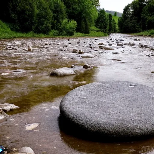 Image similar to detailed footage of european hunger stones in a river, photographic journalism, realistic, european river, carvings of drought and famine