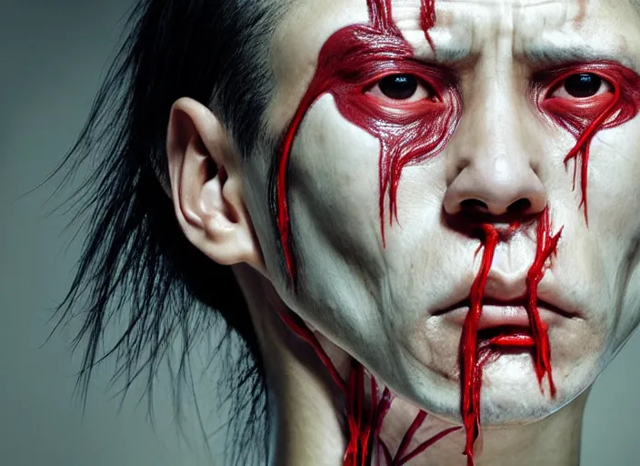 Image similar to mid shot portrait of samurai with transparent skin, visible muscle and bones and veins and nerves and internal organs, in the style of david cronenberg, high fashion, id magazine, realistic, sharp focus, 8 k high definition, film photography, photo realistic, insanely detailed, by david kostic and stanley lau and artgerm