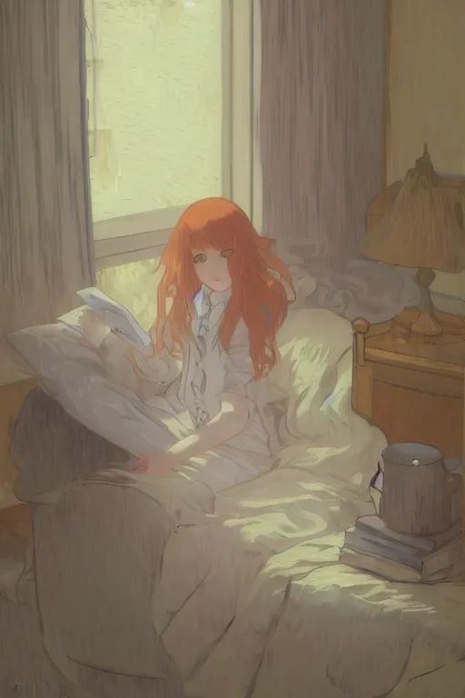 Prompt: a girl in a jk uniform outfit in the bedroom reading a book in a night, raining outside the window, grey and orange theme ， wavy white long hair, by krenz cushart and mucha and akihito yoshida and greg rutkowski and makoto shinkai and vincent van gogh and monet, detailed eyes, 4 k resolution