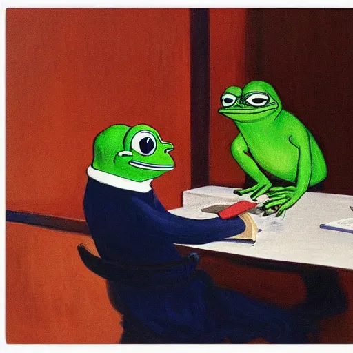 Prompt: pepe the frog in an office by edward hopper