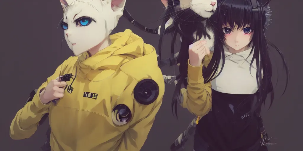 Image similar to with yellow eyes, a beautiful anime cyborg - girl wearing a cat hoodie, wlop, ilya kuvshinov, artgerm, krenz cushart, greg rutkowski, hiroaki samura, range murata, james jean, katsuhiro otomo, erik jones, serov, surikov, vasnetsov, repin, kramskoi