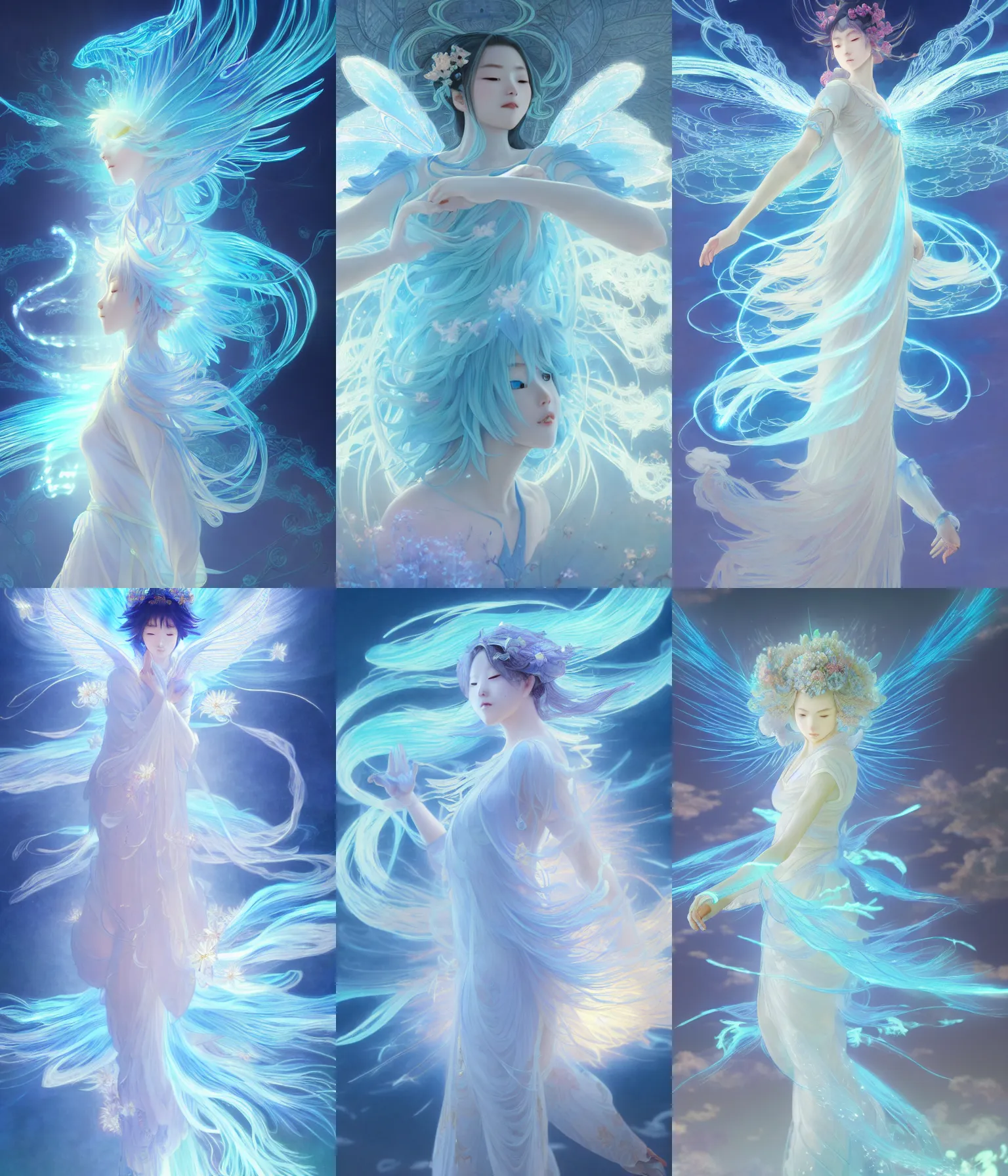Prompt: glowing cloud, light blue mist - shrouded, chinese taoist fairy goddess. hyper detailed, character concept, full body, dynamic pose, intricate, lineart, cerpuscular rays, lily flowers. by yoshitaka amano, alfons mucha and makoto shinkai. 8 k