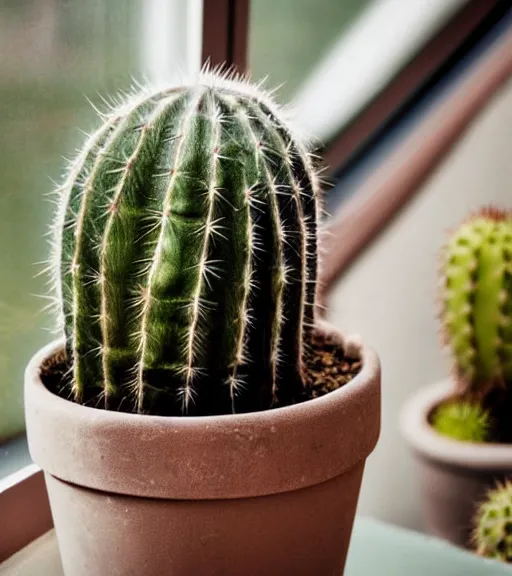 Image similar to a vintage photo of a cactus in a pot on a sunny windowsill