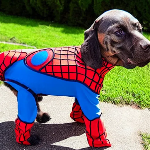 Image similar to dog wearing spiderman suit