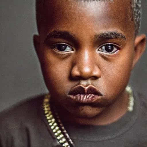 Image similar to the face of young kanye west at 1 0 years old, portrait by julia cameron, chiaroscuro lighting, shallow depth of field, 8 0 mm, f 1. 8