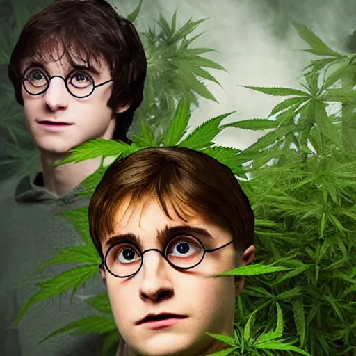 Image similar to harry potter surrounded by green dense weed kush plants, smoke in front, smoke behind, smoke background, red eyes, smoking weed