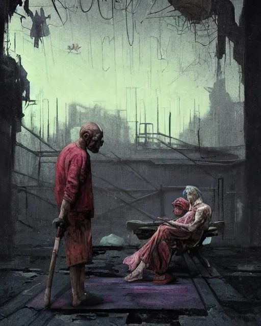 Prompt: a highly detailed epic cinematic concept art CG render digital painting artwork: old dead couple at a decayed playground surrounded by dark figures. triadic color scheme, By Greg Rutkowski, in the style of Francis Bacon and Syd Mead and Edward Hopper and Norman Rockwell and Beksinski, open ceiling, highly detailed, painted by Francis Bacon, painted by James Gilleard, surrealism, airbrush, Ilya Kuvshinov, WLOP, Stanley Artgerm, very coherent, art by Takato Yamamoto and James Jean