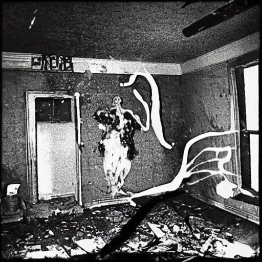 Image similar to 1 9 9 3, disposable camera, flash, old abandoned house, mutant creature standing, meat, ooze, slime, veins, wet