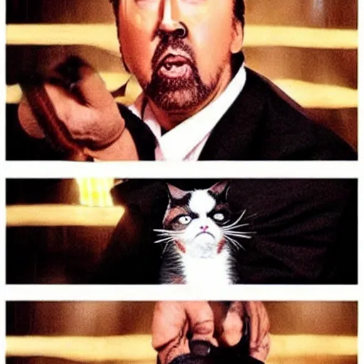 Image similar to nicolas cage as grumpy cat, kung fu fighting