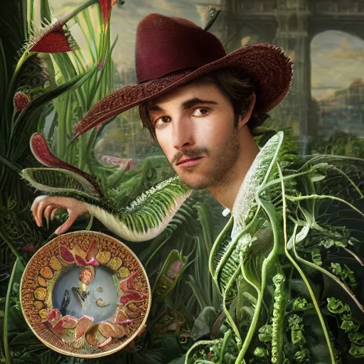 Prompt: the portrait of a beautiful, elegant, succulent venus flytrap european man, hyperrealistic illustration by iralki nadar, reflective eyes, extremely detailed intricate linework, smooth, super sharp focus, bright colors, high contrast, matte, octopath traveler, unreal engine 5 highly rendered, global illumination, radiant light, 8 k