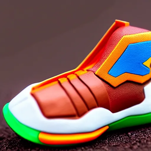 Prompt: realistic scultpure of plastic toy sneaker! design, sneaker design overwatch fantasy style mixed with aztec mayan native street fashion, focus on sneakers only, shoes designed by akira toriyama and studio ghibli