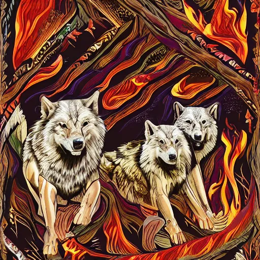 Prompt: Native american dancing around a fire with wolves, hd, tribal, intricate, 8k, digital art