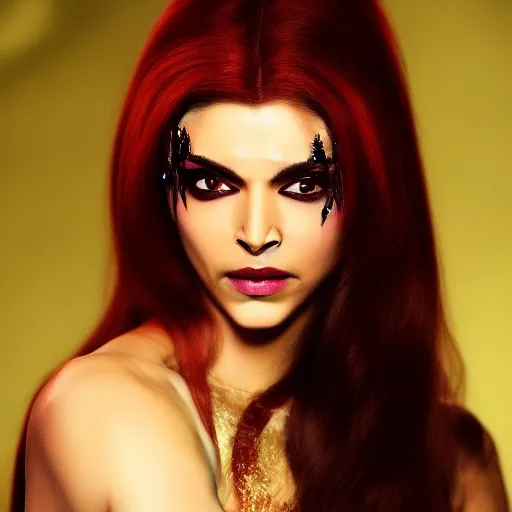 Image similar to A beautiful portrait of Deepika Padukone as Poison Ivy from Batman as a Versace fashion model Spring/Summer 2010, highly detailed, in the style of cinematic, Getty images, Milan fashion week backstage, Makeup by Pat McGrath, Hair by Guido Palau, Greg rutkowski