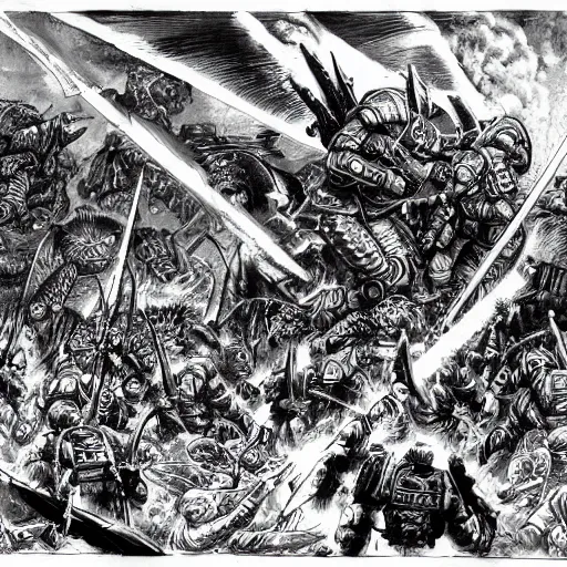 Image similar to Battle of the Imperial Guard on the planet against the Tyranids, Warhammer 40,000, Drawing in a dark Gothic style, super quality, Artist - Phil Moss