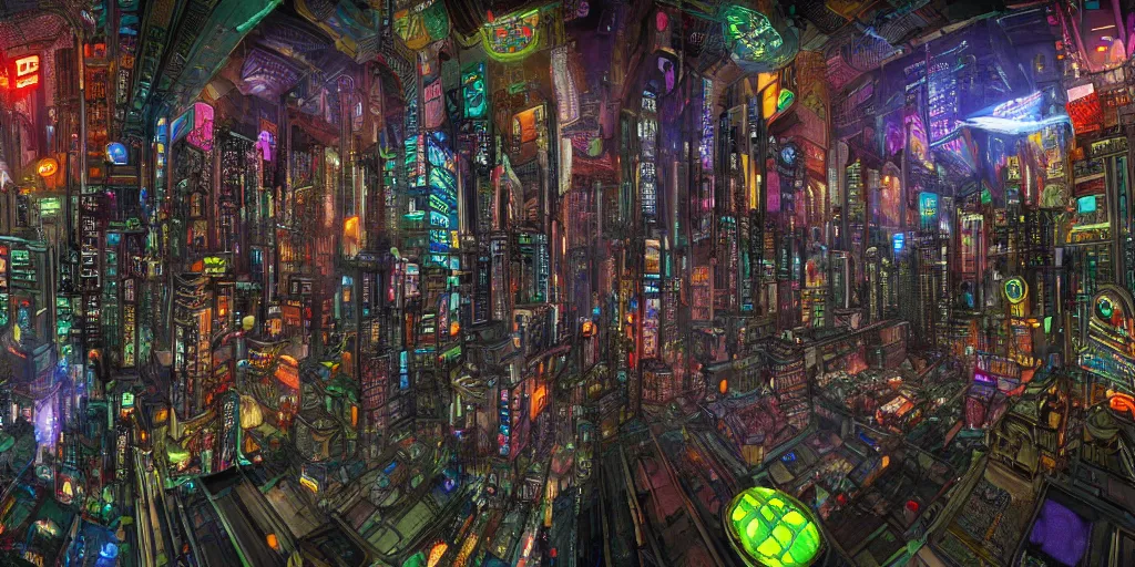 Image similar to streetview equirectangular 360 photo of cyberpunk metropolis, colorful, by Andy Thomas, Mario Martinez, Daniel Mirante, Gustave Dore, Artstation, CGsociety, masterpiece