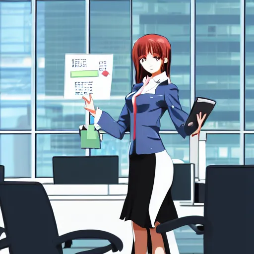 Prompt: high tech corporate office, anime girl subject