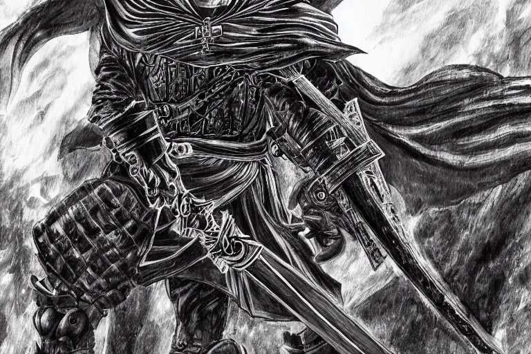 Prompt: guts, big black sword, detailed face, high detail, castle background, colourful, epic scene, high contrast, by kentaro miura