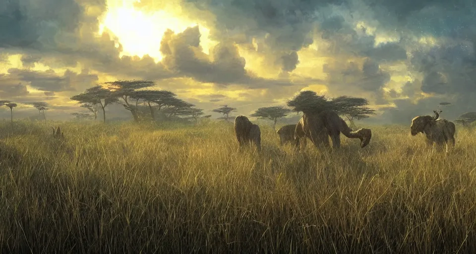 Prompt: distant cyberpunk wildlife on the african plains, long grass, sparkling water, glistening, twilight, dramatic clouds, extreme weather, hyper realistic, hyper detailed, digital art, trending in artstation, cinematic lighting, vibrant, studio quality, smooth render, unreal engine 5 rendered, octane rendered, by jesper ejsing, wlop, paul lehr