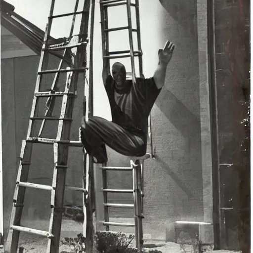 Prompt: A 500 pound man climbing a ladder