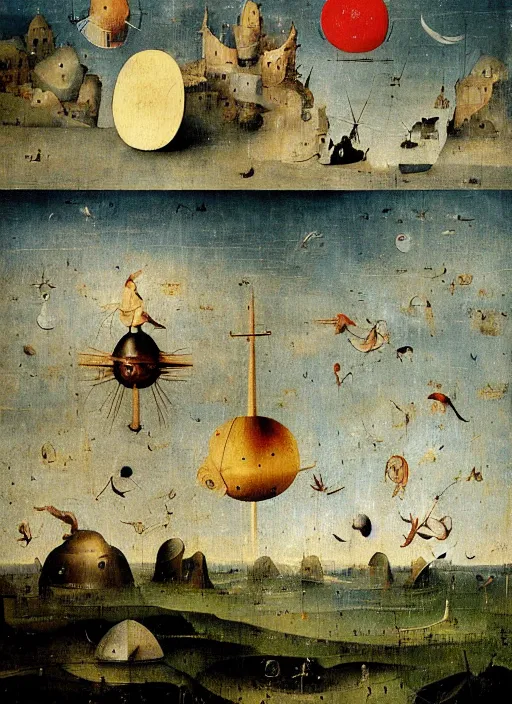 Image similar to disc-like floating objects in the sky painted by hieronymus bosch, detailed digital art, trending on Artstation