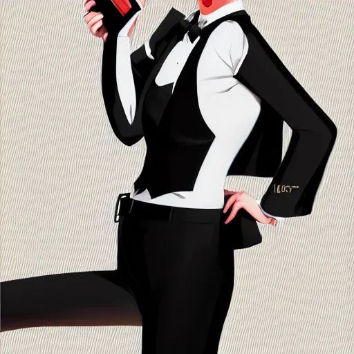 Image similar to slim girl in black tuxedo, corporate boss, luxury, 2d, ultra highly detailed, smooth, sharp focus, digital art, digital painting, fan art, elegant, artstation, by Ilya Kuvshinov