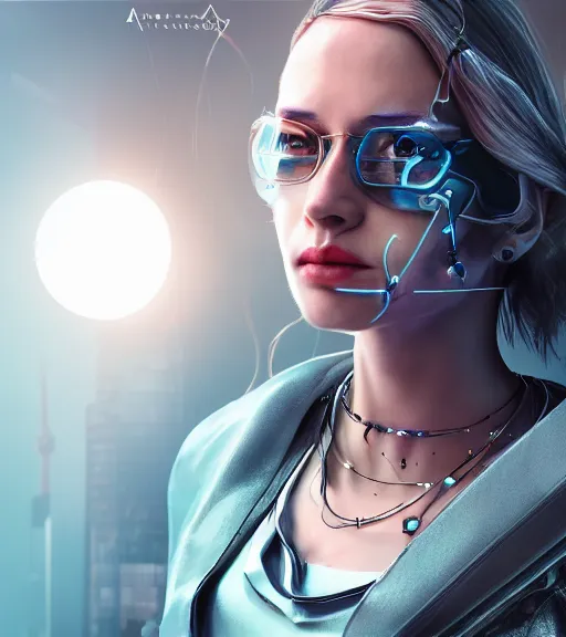 Image similar to a cyberpunk woman with shining sphere in necklace, hyperrealistic, cyber world, ambient lighting, concept art, hyper - detailed, smooth, octane, ray tracing, cinematic, high quality
