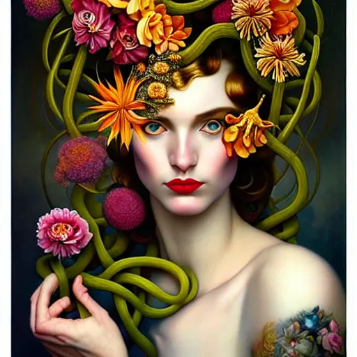 Prompt: dynamic composition, a painting of woman with hair of ( summer flowers )!! and vines wearing ornate earrings, ornate gilded details, a surrealist painting by tom bagshaw and jacek yerga and tamara de lempicka and jesse king, featured on cgsociety, pop surrealism, surrealist, dramatic lighting, wiccan, pre - raphaelite