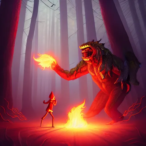 Image similar to fire magician fighting a monster in a misty forest, highly detailed, wlop style, artstation, soft light, sharp focus, illustration