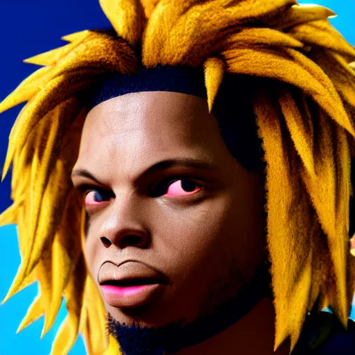 Prompt: denzel curry with yellow super saiyan hair, glowing aura, rendered in unreal engine 5, volumetric lighting, shading, cinematic shot