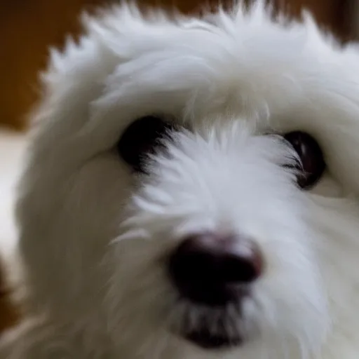 Prompt: cute white furry fluffy dog face, closeup photo