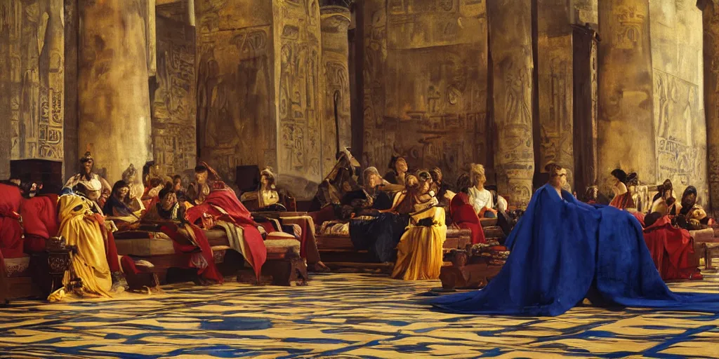 Image similar to beautiful oil matte portrait painting, ancient senators in royal crimson robes sit in tribunes of an egyptian blue palace hall, art by anders zorn, highly detailed, beautiful cinematic light deep focus, elegant, digital painting, smooth, sharp focus, golden ratio, dramatic illumination, art by artemisia lomi gentileschi and caravaggio