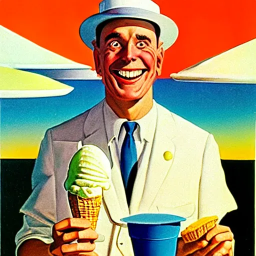 Image similar to ice cream man holding an ice cream scoop up, wearing a white hat, smiling cheerfully, chesley bonestell, vincent di fate