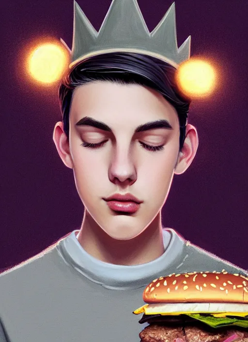 Prompt: portrait of teenage jughead jones wearing a light grey crown, crown, eating hamburger, eyes closed, crown, black hair, intricate, elegant, glowing lights, warm lighting, highly detailed, digital painting, artstation, concept art, smooth, sharp focus, illustration, art by wlop, mars ravelo and greg rutkowski