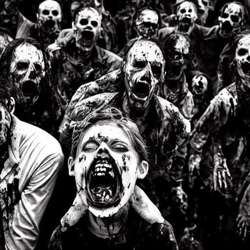 Prompt: the zombie apocalypse, dead zombies, black and white, 8k, high resolution, hyperrealistic, dramatic lighting, blood splatters, ghastly, open mouth