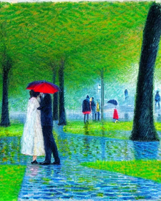 Image similar to raindrops, rain, square, park, lake, man and woman under a black umbrella, trees, kiss, paths, lake, impressionism.