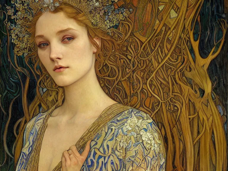 Image similar to detailed realistic beautiful young medieval queen face portrait by jean delville, alphonse mucha, vincent van gogh, and marco mazzoni, art nouveau, symbolist, visionary, gothic, pre - raphaelite
