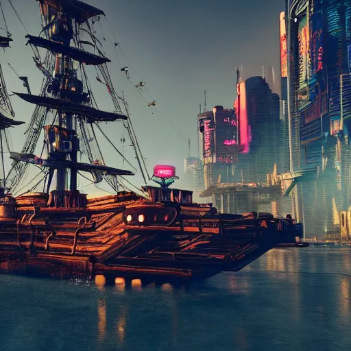 Image similar to high quality photo of a pirate ship in a cyberpunk cyberpunk cyberpunk city, realism, 8k, award winning photo